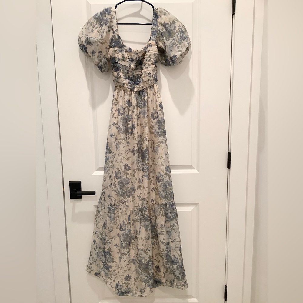 Abercrombie & Fitch Floral Puff Sleeve Dress - Blue and Cream